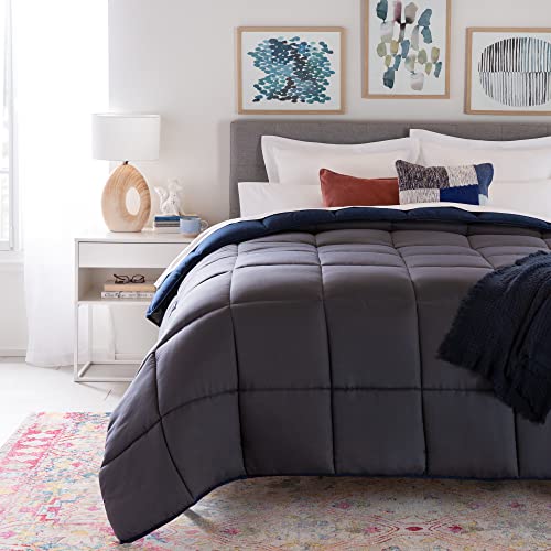 Image of Linenspa Reversible Down Alternative Comforter and Duvet Insert, for Twin XL Size Bed - All-Season Comforter with Box Stitch and 8 Duvet Loops - Bedding for Kids, Teens, and Adults - Navy / Graphite