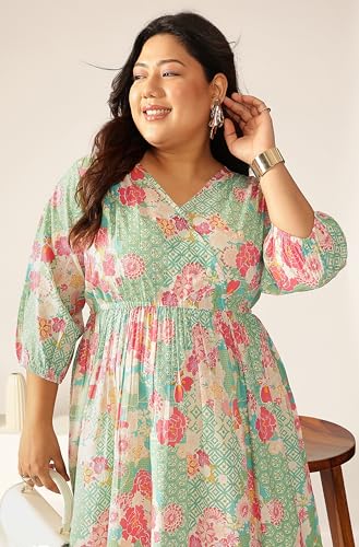 Image of Janasya Women's Plus Size Sage Pure Cotton Floral Printed A-line Dress
