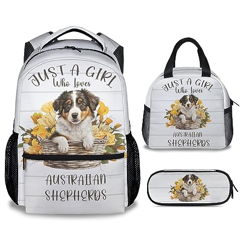 Australian Shepherd Backpack with Lunch Box Set for Girls Boys, 3 in 1 Dog School Backpacks Matching Combo, Cartoon White Bookbag and Pencil Case Bundle