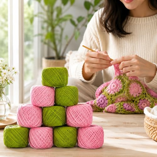 Image of Crochet Cotton Thread Yarn Combo, 10 Rolls for Knitting, Crochet, Embroidery and Craft Making, Soft Decorative Thread for Handmade DIY Projects, Pink & Green