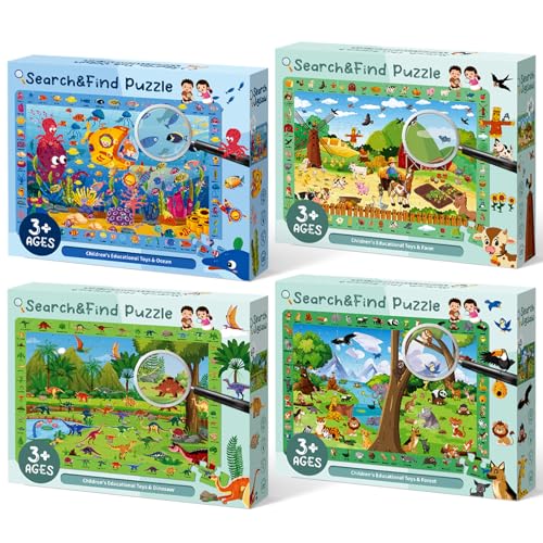 4 Pack 60 teilige Puzzles für Kinder von 3 4 5 6 Jahren, Dinosaurier Wald Ozean Bauernhof Kinder Puzzle, Lernspielzeug und schöne Geschenke für Kleinkinder, Jungen Mädchen im Alter von 3-6 Jahren