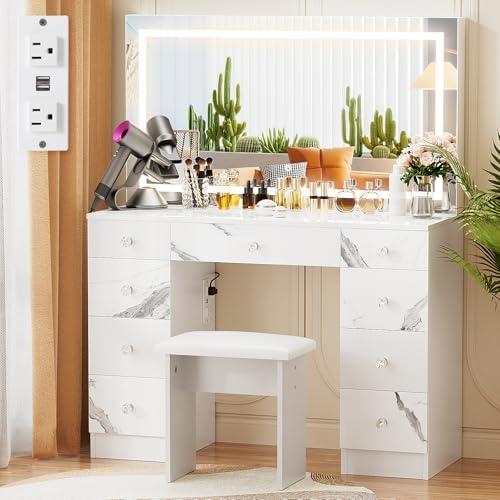 VOWNER Vanity with Lighted Mirror - Makeup Vanity Desk with Power Outlet and 9 Drawers, 3 Color...