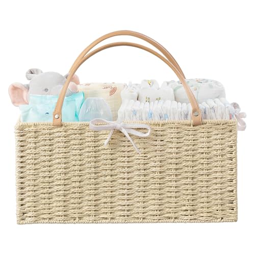 Image of HBlife Large Baby Diaper Caddy Organizer, Paper Rope Storage Baskets Nursery Bin with Removable Divider, Portable Car Organizer for Diapers, Baby Shower Gifts, Newborn Essentials Must Haves