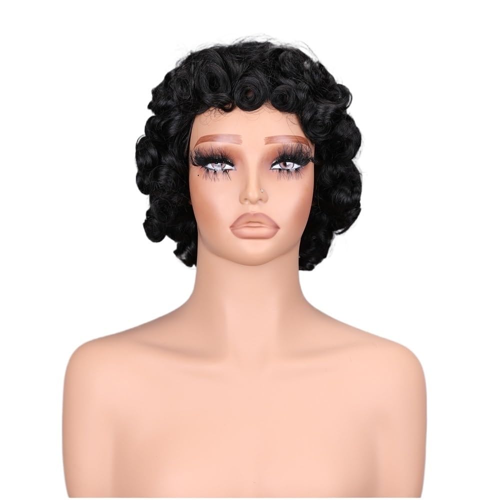 xiuling4568 Short Loose Curly Wigs Human Hair with Bangs for Women, Afro Bouncy Curls Pixie Cut Bob Glueless Wig Hairs Extensions