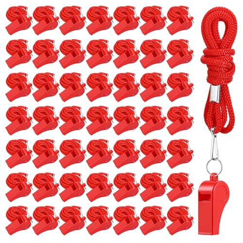 Zyghjort 50 Pack Plastic Whistles for Coaches 120db Loud Crisp Sound Sports Whistles Bulk with Lanyard for Lifeguard Survival Emergency Safety Training Football Soccer Gym Outdoor Activities - Red