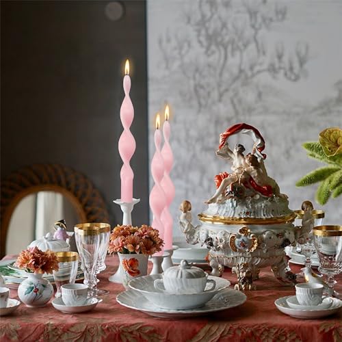 Image of Smokeless Pink Spiral Taper Candle Handmade Unscented Taper Candlesticks 10 Inch Long Twisted Candles for Candlelight Dinner Decor Wedding Women Gifts 2 Pcs