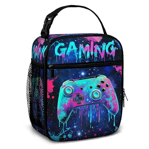 Gamer Lunch Box for Boys Kids Reusable Insulated Lunch Bag Portable Gaming Tote Bag for Men Women School Office Picnic Camping (Teal & Purple 10x4x8 Inch)