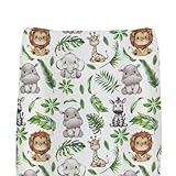 Jungle Safari Tropical Leaves Changing Pad Covers for Baby Girl Boy Lion Elephant Hippo Zebra Giraffe Fitted Change Table Mats African Animal Soft Diaper Change Table Cover Sheets 32''×16''