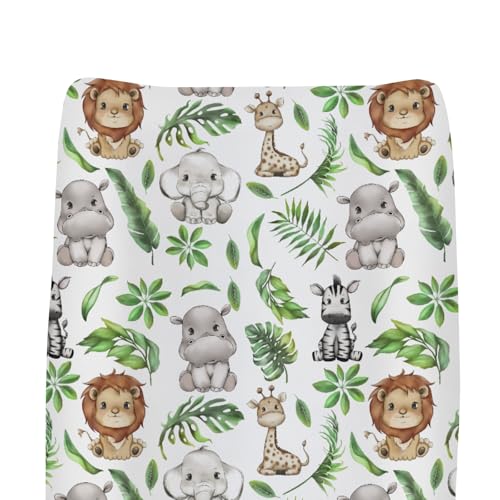 Jungle Safari Tropical Leaves Changing Pad Covers for Baby Girl Boy Lion Elephant Hippo Zebra Giraffe Fitted Change Table Mats African Animal Soft Diaper Change Table Cover Sheets 32''×16''
