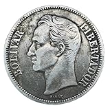 1900 -1936 5 Bolivares Large Venezuelan Silver Coin. Celebrating Simon Bolivar 'El Libertador' Of America. 5 Bolivares, Monetized And Guaranteed By Venezuelan Government Graded By Seller Circulated Condition