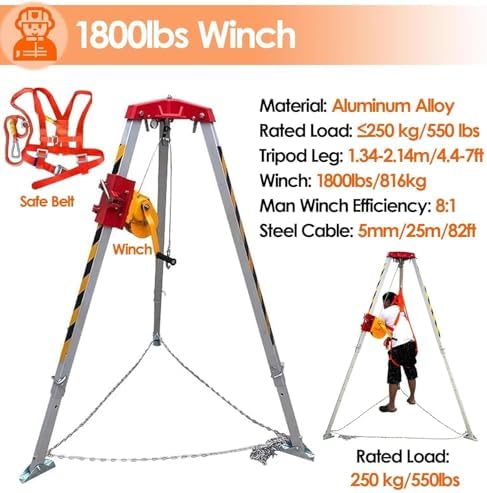 Rescue Tripod Lifting Rescue Equipment，Confined Space Tripod Limited Space Rescue Stand with Safe Belt, Wellhead Confined Space Tripod, Adjustable Height Rescue Equipment, Retractable Legs(1