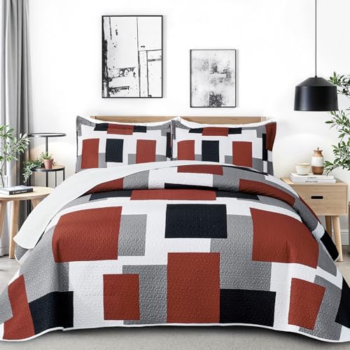 Image of Tyrot 3 Piece Burnt Orange Quilt Cal King Size Black White Bedding Set | Lightweight Bedspread, Geometric Coverlet with 2 Sham, Modern Abstract Soft Microfiber, Bed Cover for All Season, 118''x106''