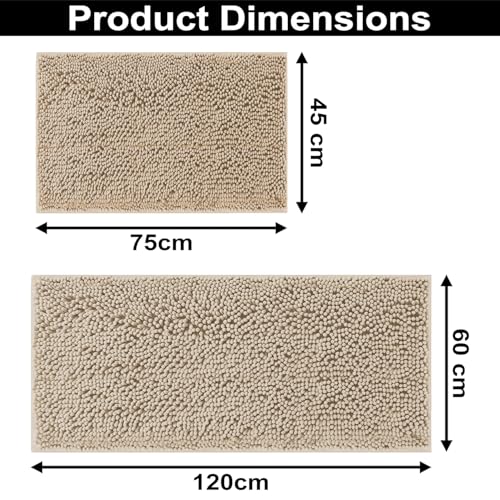 Image of LUXEHOME International Bath Mats for Bathroom Anti Slip Microfiber Chenille Super Absorbent Quick Dry Water Soak Floor Mat for Home Kitchen Door (45x75cm 60x120cm Beige) Pack of 2