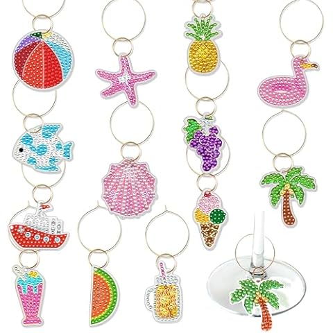 12 Pcs Diamond Wine Glass Charms,Summer Wine Charms for Stem Glasses Wine Glass Markers Wine Glass Identifier Charms Drink Charms Wine Glass Tags for Christmas Wine Party Decorations Summer Beach Themed Cover