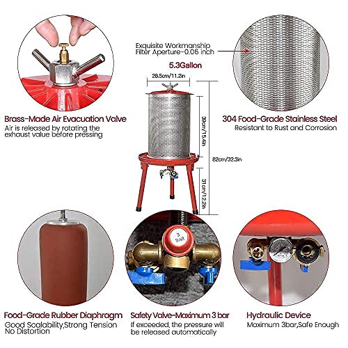 CYNEBXILG Klassischer Obst-Traubenwein-Zerkleinerer - 7 Liter/1,8 Gallonen mit hydraulischer Obstwein-Apfelpresse - 5,3 Gallonen/20L 7 CYNEBXILG Klassischer Obst-Traubenwein-Zerkleinerer - 7 Liter/1,8 Gallonen mit hydraulischer Obstwein-Apfelpresse - 5,3 Gallonen/20L