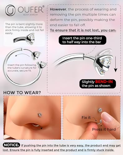 OUFER Body Piercing 2PCS 316L Surgical Steel Horseshoe Nose Rings Hoops 20G Push Pin Threadless Nose Rings For Women Men CZ Horseshoe Septum Lip Eyebrow Helix Daith Ear Piercing Jewelry 7mm/8mm
