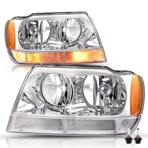 JSBOYAT Halogen Headlight Assembly ‎JS-HL-JGC99 Replacement for 1999-2004 Jeep Grand Cherokee WJ Headlamp Chrome Housing Amber Reflector (Bulbs Included)