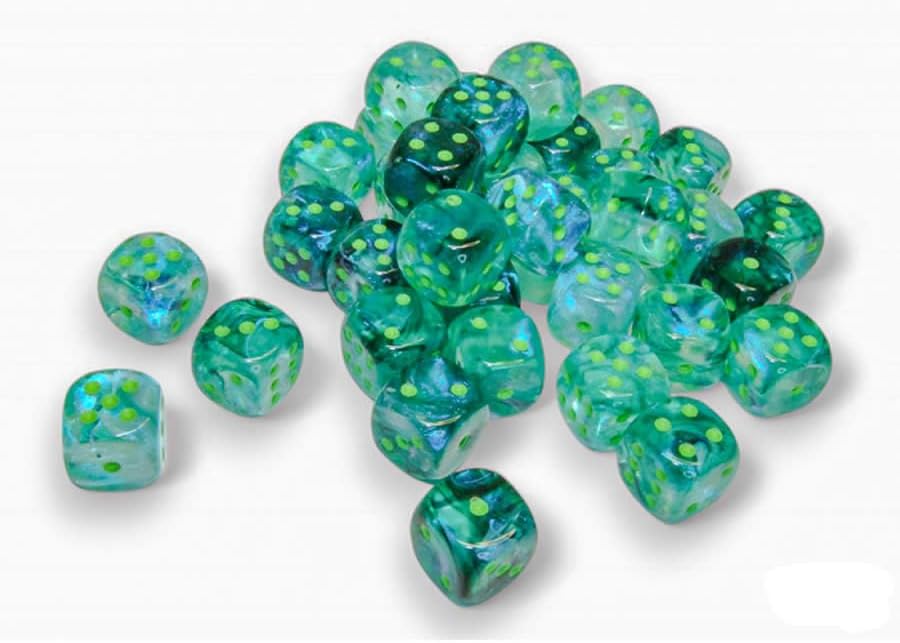 Kelp Borealis Luminary Dice with Light Green Pips D6 12mm (1/2in) Pack of 36 Chessex