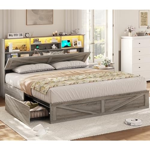 VIAGDO Farmhouse Bed Frame King Size with Bookcase Storage Headboard, Charging Station and LED Lights, Wooden King Bed Frame with 4 Drawers, Barn Door Design, No Box Spring Needed, No Noise, Grey