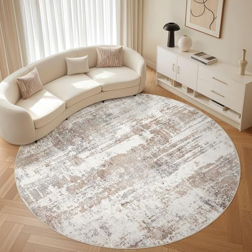 Round Rug Living Room Rugs: 10x10 Washable Circle Large Abstract Modern Soft Stain Resistant Non-Slip Indoor Floor Carpet for Bedroom Nursery Office Dining Room Playroom Home House Decor- Brown
