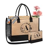 BeeGreen Birthday Gifts for Women Initial Teacher Tote Bag for Friends Mother Bride Teacher Bag Beach Bag with Zipper Closure Embroidery Large Personalized Gifts for Wedding A