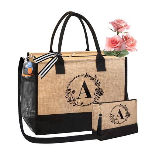 BeeGreen Birthday Gifts for Women Initial Teacher Tote Bag for Friends Mother Bride Teacher Bag Beach Bag with Zipper Closure Embroidery Large Personalized Gifts for Wedding A