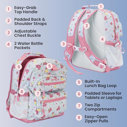 Image of Bentgo Kids Print Backpack - Lightweight 14 inch Backpack for School, Travel & Daycare, Ideal for Ages 4+, Durable & Water-Resistant, Roomy Interior, & Loop for Lunch Bag (NEW Blooming Floral)