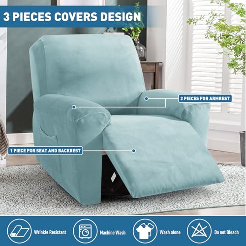 Image of ZNSAYOTX 2026 Velvet Oversized Recliner Cover 3-Piece, Luxury Plush Recliner Chair Covers with Elastic Band & Ties Stay in Place, Stretch Reclining Slipcover for Lazy Boy Soft Washable (Stone Blue)