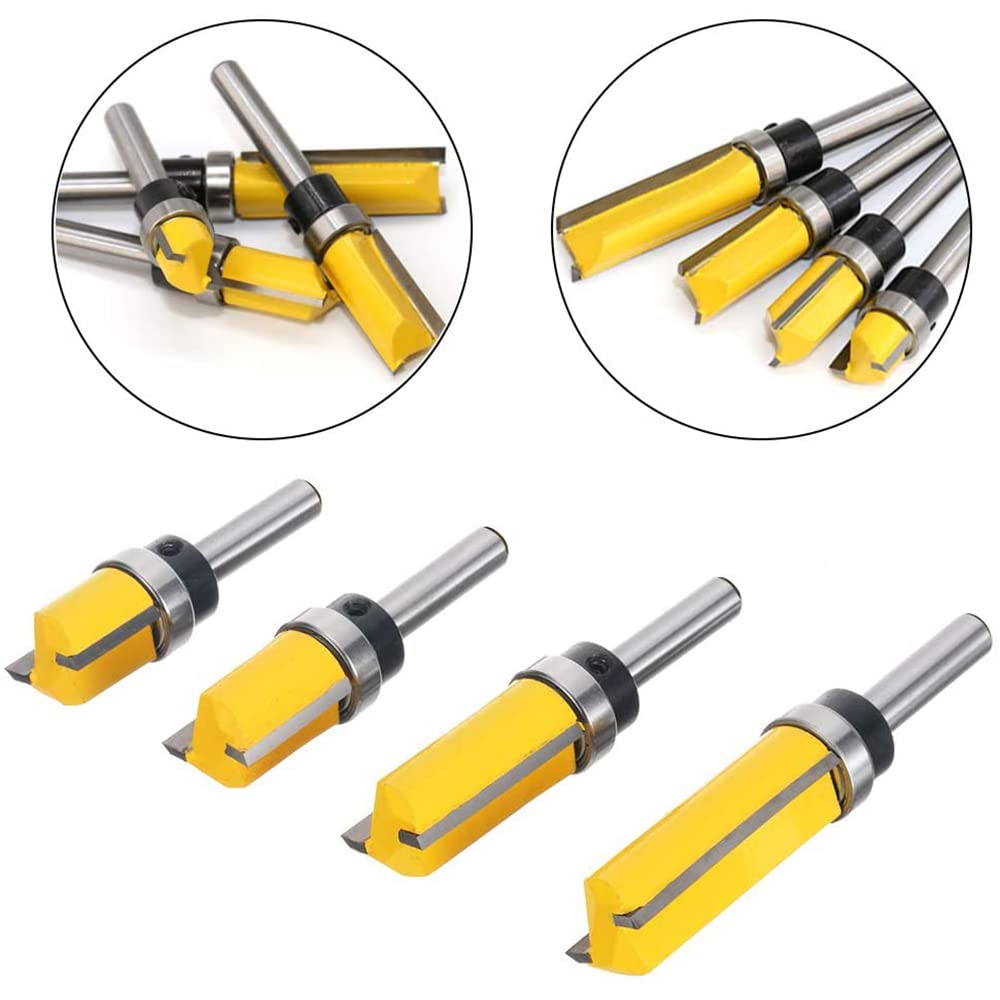 Set di 4 Punte da 1/4 di Pollice con Gambo a Filo Modello, Strumenti per rifinitura a Filo Dritto con Modello di Cuscinetto Trapano per fresatrice Professionale per Legno Top Utensili
