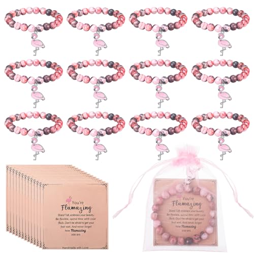 Yinkin 12 Sets Flamingo Bracelet Gifts for Women Included Elastic Beads Bracelet with Flamazing Card Mesh Bag Pink Charm Jewelry for Christmas Inspirational Gifts Positive Affirmations