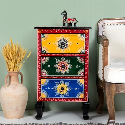 Image of Wooden Bedside Table for Bedroom | 3 Drawer Side Table | Handpainted Rajasthani Chest of Drawers | Solid Wood Small Bedside Table with Drawer Storage for Living Room (Handpainted-2)
