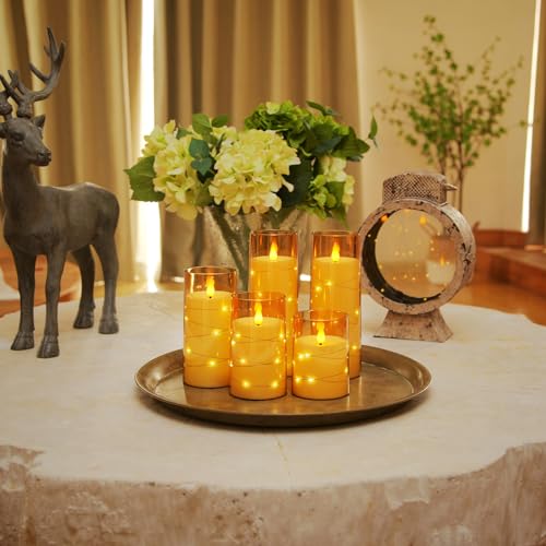 Image of Homemory Acrylic Flameless Candles with Embedded Star String Fairy Lights, Battery Operated Candle, LED Candles, Fake Candles with Remote Control and Timer for Halloween, Amber, Set of 5(H4 inch5 inch6 inch8 inch8 inch)