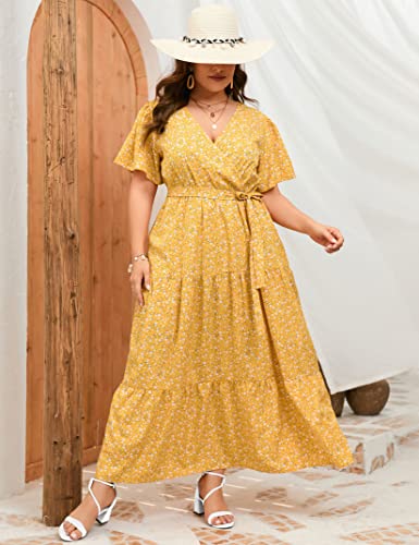 Image of ShopWonder Womens Plus Size V Neck Wrap Maxi Dress High Waist Ruffle Summer Casual Dress with Belt