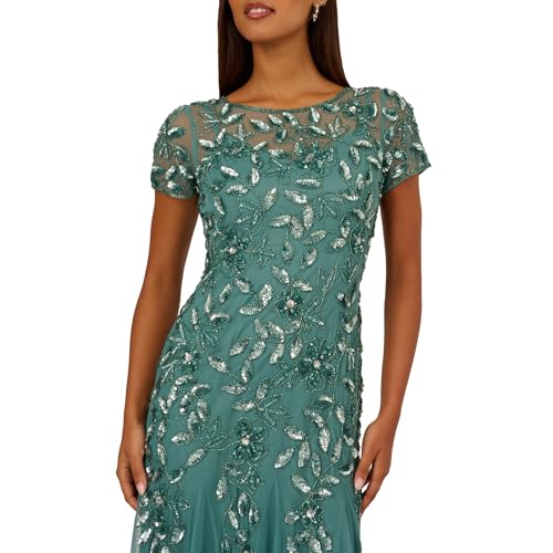 Image of Adrianna Papell Women's Beaded Gown with Godets - Floor Length Gown with Floral Embellishments & Cap Sleeves