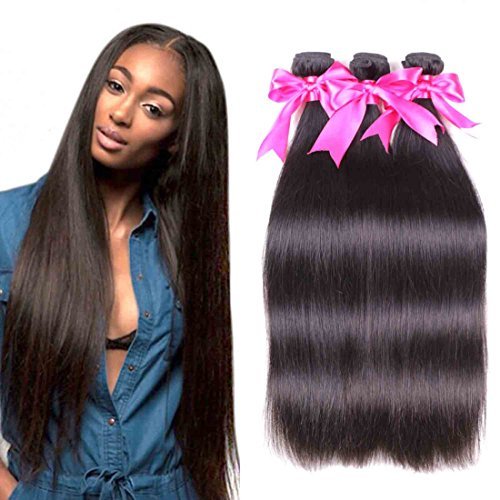 Jaja Hair Brazilian Virgin Straight Hair 3 Bundles Deal 8A Unprocessed Silky Straight Human Hair Bundles Remy Hair Weaves Extensions Natural Black Color 10 12 14 Inches