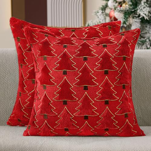 Image of Allorry Christmas Pillow Covers 18x18 inch Set of 2 Christmas Decorations Soft Plush Faux Fur Wool Red Christmas Tree Throw Pillow Cases Winter Holiday Decor for Sofa Living Room PT012B18