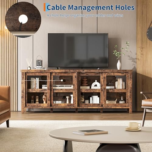 Image of 65 Inch TV Stand for Televisions Up to 70 Inches, Modern Entertainment Center with Storage, 4 Sliding Glass Doors, Mid-Century Style Media Console for Living Room,Retro Brown