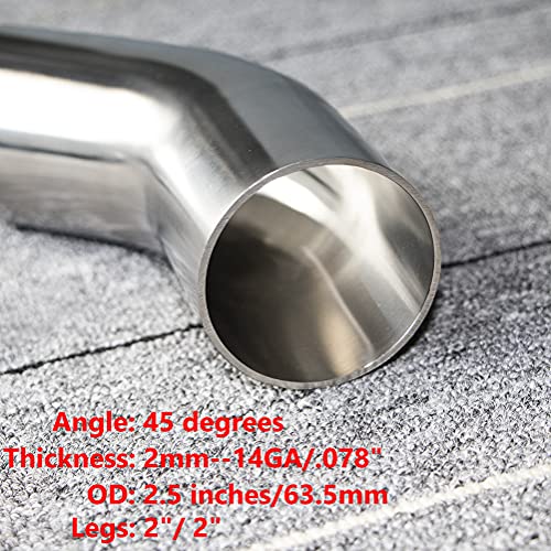 2.5" Stainless 45° Mandrel Bend Elbow - 14Ga /.078" Wall - 2" Leg / 2" Leg - Ss304 Stainless Steel Exhaust Bend Pipe Exhaust Piping For Car Exhaust Pipe Elbow Modified, Stair Handrail, Etc - Atotl #TOP2