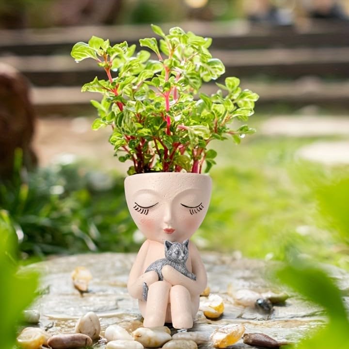 Image of Face Planter Pot with Drainage Hole 6 inch Resin Head Flower Pot for Indoor Outdoor Plants Cute Lady Planter for Garden Home or Office | No Plants or Floral Included (White)
