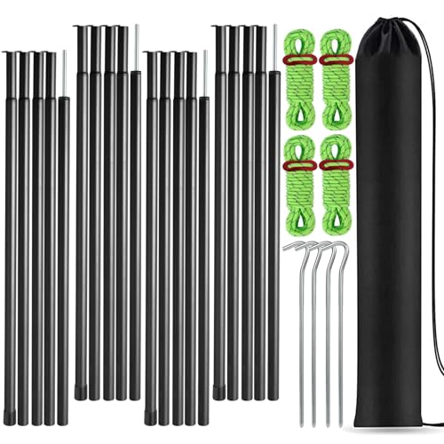 Tent Poles Adjustable Tarp Poles Steel Rods for Tarp Canopy Camping Replacement Set of 4 +Pegs & Reflective Ropes (Black/4)