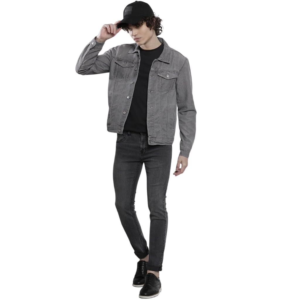 the indian garage co Men Slim Fit Solid Denim Trucker Jackets-picture-34