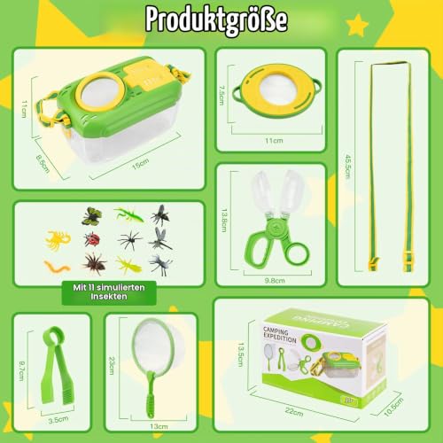 Funsland Forscherset für Kinder ab 4, Entdecker Set mit Insekten Beobachtungsbox, Lupenglas Kinder, Insektenfänger, 12 Gefälschte Insekten… – Ansicht 2