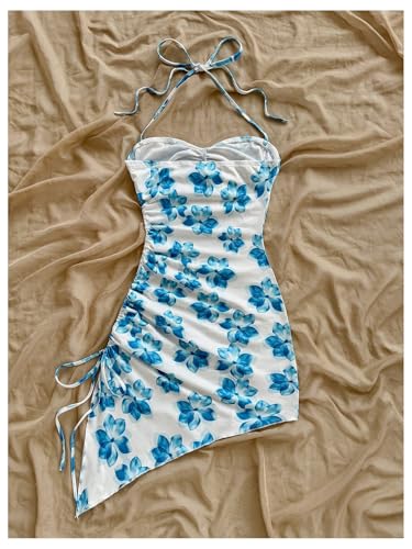 Image of Floerns Women's Floral Print Halter Dress Sleeveless Drawstring Asymmetrical Hem Bodycon Dress