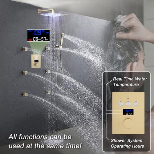Thermostatic-Shower-System-Brushed-Gold-Shower-Faucet-Set-Rain-LED-12-inch-Full-Body-Shower-Head-Set-with-Water-Temperature-Display-Push-Button-Shower-Valve-6-PCS-Body-Jets-Handheld-Shower