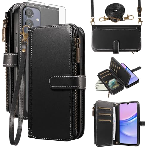 Asuwish Coque pour Samsung Galaxy A16 5G/4G Portefeuille avec Verre Trempé et Cordon Porte Carte Chaine PU Cuir à Clapet Étui Housse Support Galaxie A 16...