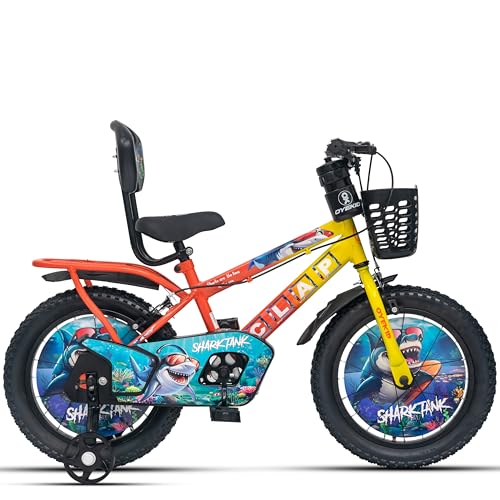 Image of Shark Tank 16T Kids Bicycle for Boys & Girls with Inbuilt Carrier, Front Basket, PU Soft Seat, Full Chain Cover & Stylish Wheelcards (Yellow /Orange)
