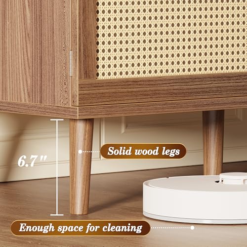 SUPERJARE Boho TV Stand for 65 Inch TV, Entertainment Center with Adjustable Shelf, Rattan TV Console with 2 Cabinets, Media Console, Solid Wood Feet, 4 Cord Holes, for Living Room, Walnut