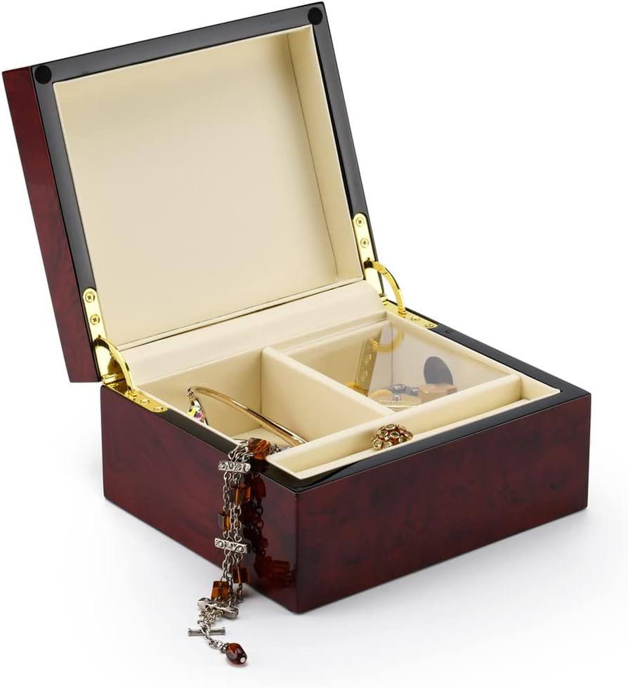 MusicBoxAttic Modern Hi Gloss 18 Note Burl Wood Jewelry Box - Many Songs to Choose - Rock Around The Clock