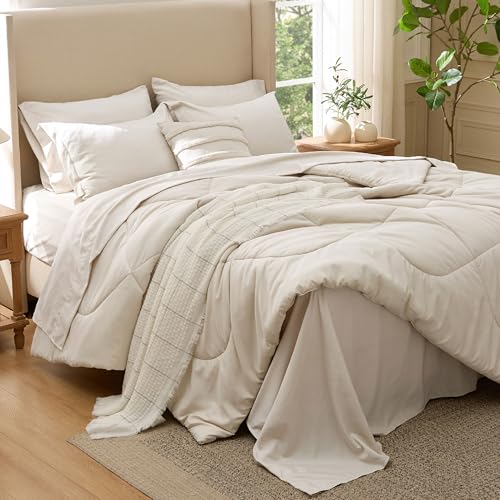Image of Bedsure 7 Pieces Full Comforter Set Premium Series, Hotel Luxury Soft Bed in a Bag, Goose Down Alternative, Safe for Sensitive Skin Bedding Comforter All Season Medium Warmth, Beige Wavy Quilted