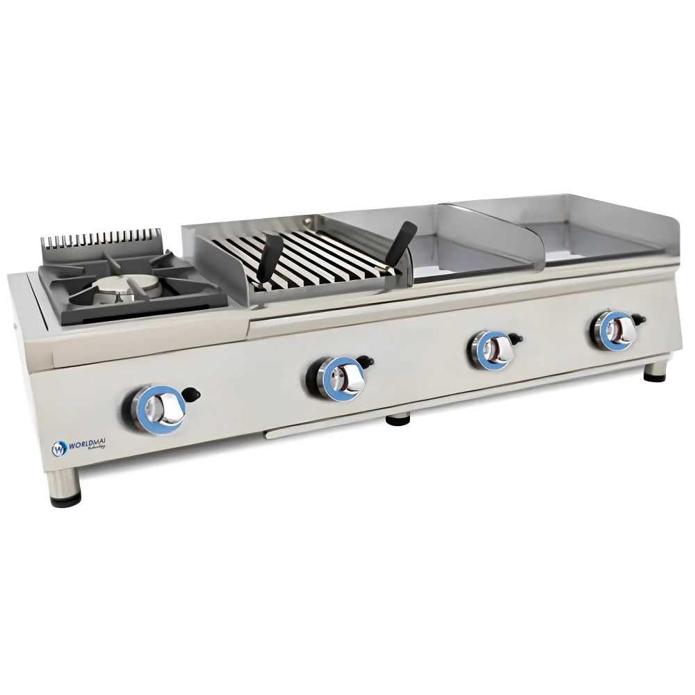 MBH - LUX WORLDMAI Cuisinière à gaz modulaire avec plaque de cuisson, 2 grils et barbecue basque. Cuisinière industrielle de comptoir en acier inoxydable pour bars, restaurants et traiteurs.